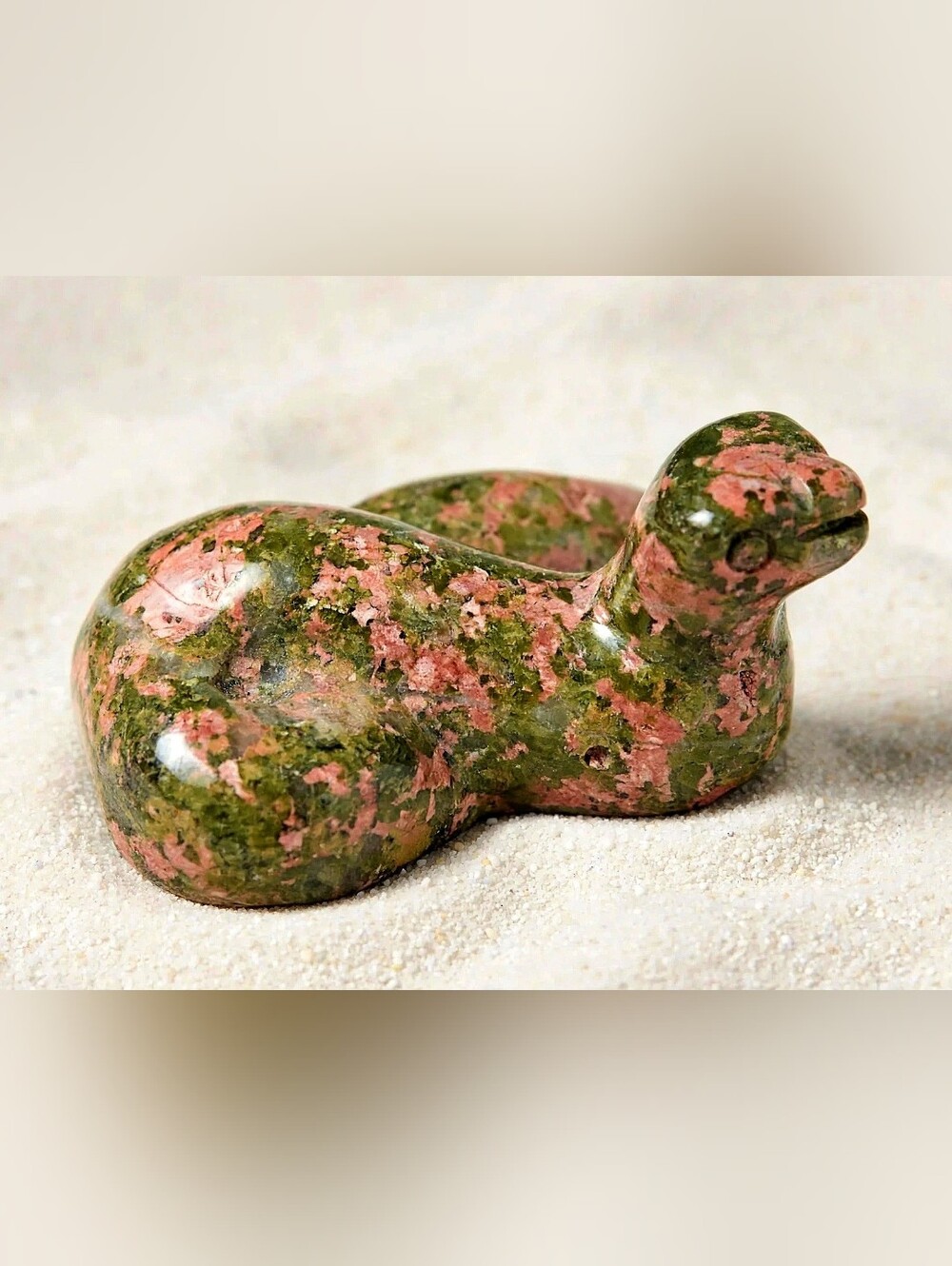 65g Unakite Jasper Snake Figurine, Healing Crystals Pink Green Stone 2.5x1.5" - Picture 2 of 3